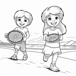 kids on the beach play with frisbees