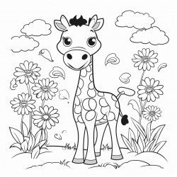 giraffe in a garden with flowers