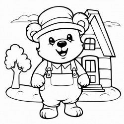bold and easy a cartooning farmer bear wearing a hat and shoes trees house