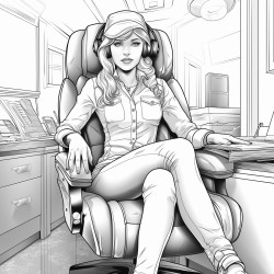 1 elf woman wearing short shorts sitting in office chair in executive apartment facing viewer