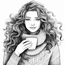 beautifull girl with curled hair and a cozy knitter sweater holding a big cup of coffee in her hands