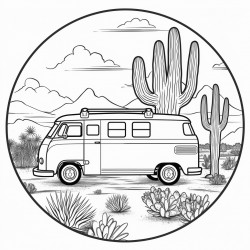 a van on a arizona road cactus tree some kids on the van