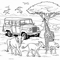 a lively safari scene with a jeep include animals like lions zebras elephants and giraffes with acacia trees
