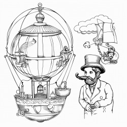 steamer ship globe horse and carriage man in top hat riding an elephant hot air balloon pocket watch