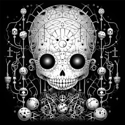 create a creepy voodoo doll with intricate mandala patterns inside of it for adult coloring book without grey shading and black background
