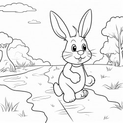 a rabbit walking in a pathway outline lineart coloring book 2d cartoon character