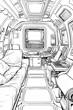 futuristic space ship cabin with bed and with screens with desk space futuristic detail