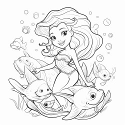 bolt and simpel black and wite coloring page of cute mermaid sarounded by sea creachers and seashells