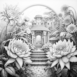 large floral mandala with garden behind it