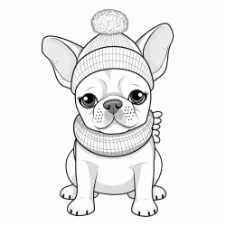 grey angrey and white french bulldog puppy with a grey and pink woolen hat and a pink woolen collar