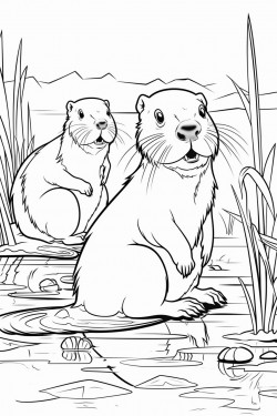2 beavers in a wetland one is doing aquafit and the other is eating and really big can you please generate that image