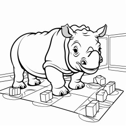 a happy young rhino playing with blocks on a preschool classroom rug