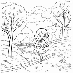a cute autumn sunset stroll  coloring bookvector white background black and white black drawing