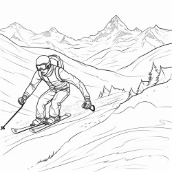 a skier racing down a snowy slope with a scenic mountain backdrop