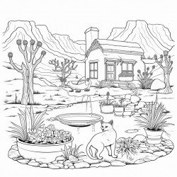 mountainous property ranch house with several cats playing outside near birdbath and simple yard plants