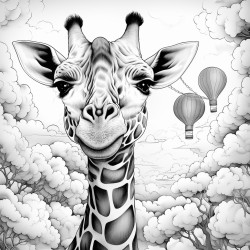 giraffe surrounded by clouds and hot air balloons