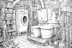 a lonely toilet in a sea of laundry