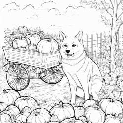 shiba inu at a pumpkin patch with a wagon full of pumpkins and scarecrow