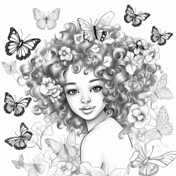 a little brown skin girl with butterflies coming from her hair