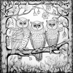 write a prompt for the colouring idea owls in the nightremember it must be in black and whiteso that the adult will be the one to colour it not more than 300 characters