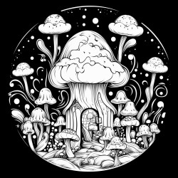fantasy mushroom palace in a jar neon colors night sky colorful clouds whimsical