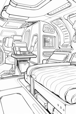 space ship cabin c bed with screens with desk space futuristic detail