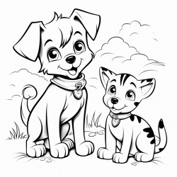 a dog plays with a cat