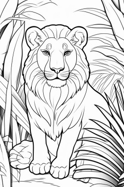 a lion in front of philodendron leaves palm leaves banana leaves