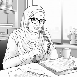 a muslim woman wearing hijab and glasses at the office desk answering the phone