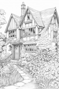 realistic english country cottage covered in flowers