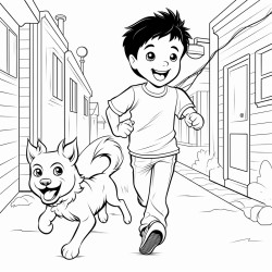 a dog running towards a boy japan street