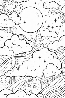 a cute celestial dreamscape  coloring bookvector white background black and white black drawing