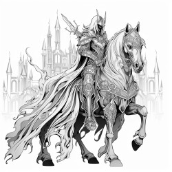a dark knight on a gothic horse with intricate armor and flowing cloak