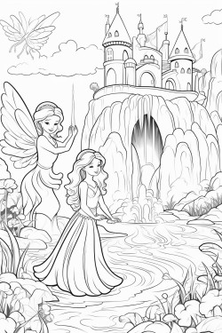 butterflies mermaids fairies in a river with a rainbow and a waterfall there is a castle in the background