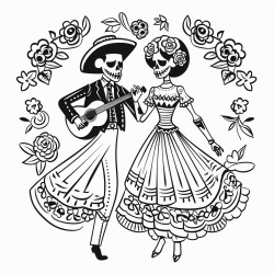 pareja de esqueletos con ropa tradicional tipica mexicana bailando felices