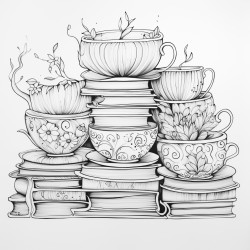 6 tea cups floating around books in background
