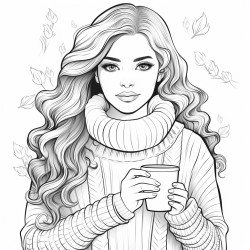 beautifull girl with curled hair and a cozy knitter sweater holding a big cup of coffee in her hands