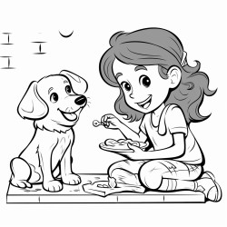 a girl painting the side of a wall and a dog eating pizza