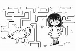 2d labyrinth where on one end is small girl and she has to find a route to cat