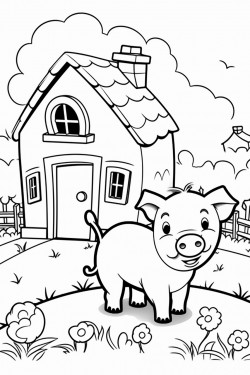 make me a simple picture of a happy pig in front of a farm in grass chasing butterflies in black and white