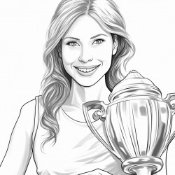 beautiful young woman smiling with a 1st place trophy gymnastics outfit