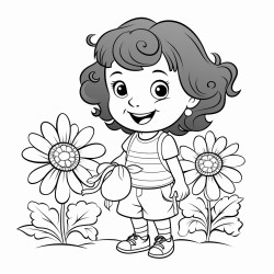 a little girl in a garden holding a sun flower with a gaint bee on it
