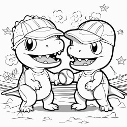 cute kawaii style dinosaurs playing baseball