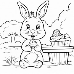 female rabbit eating a cupcake in a park