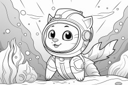 space cat exploring underwater ruins