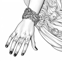 female hand with long fingernails and rings on fingers coloring book page black and white only no colors