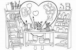 art studio with all kind art supplies making a heart shape on outline style
