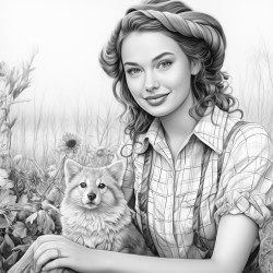 a beautiful country woman with check shirt and a hairbun leaning against a scarecrow