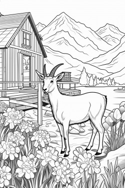 a wild goat switzerland landscape with a quaint stone house surrounded by flowers wooden dock extending into a lake