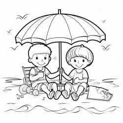 kids at the beach with their supplies by their chair under a umbrella